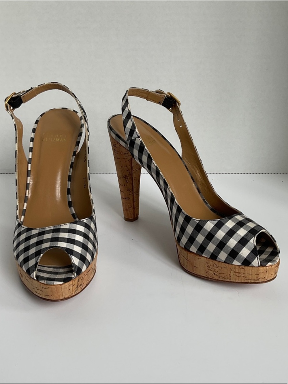 Stuart Weitzman Black and White Gingham Cork Platform Slingback Heels